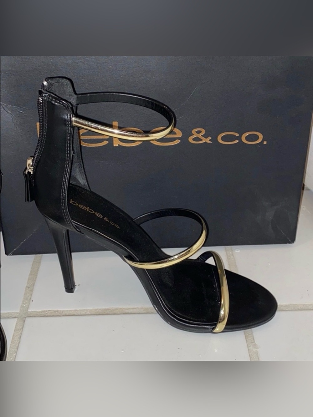 Bebe Black Strappy Heeled Sandals with Gold Accents ~ 7.5